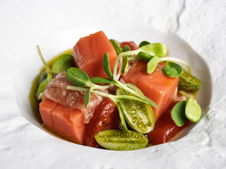Ensalada luminosa de tomate y pescado sobre fondo blanco