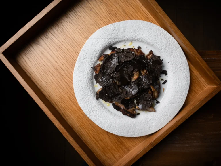 Arroz oscuro presentado en una vajilla blanca