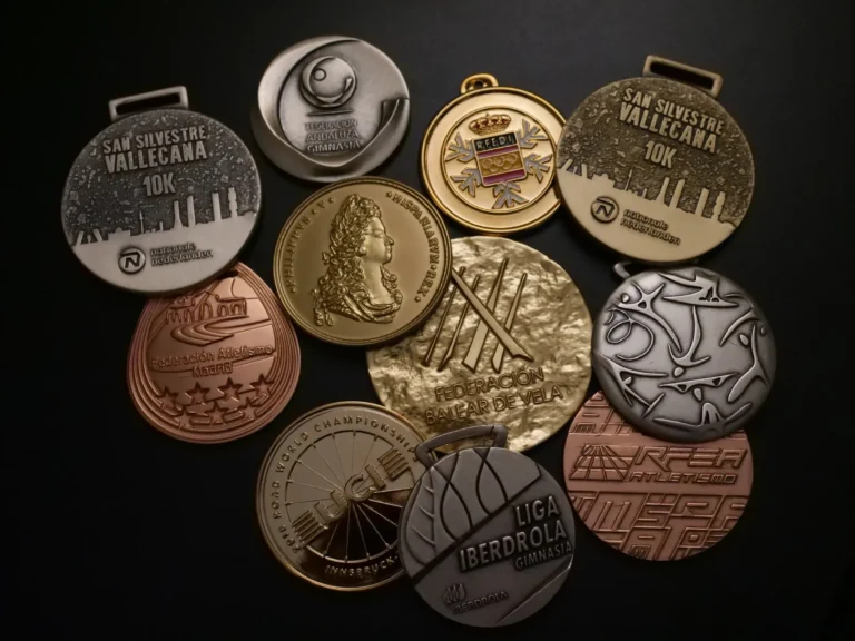 Colección de medallas y piezas conmemorativas sobre fondo oscuro