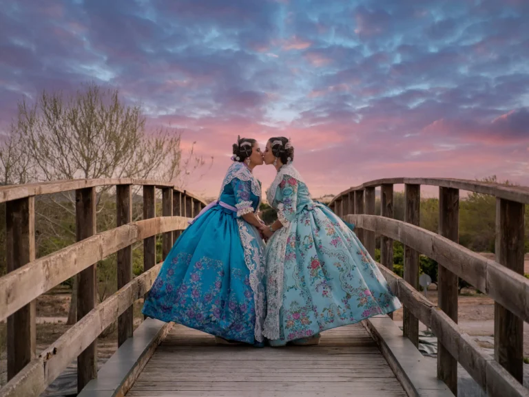 Dos mujeres con indumentaria valenciana sobre un puente al atardecer